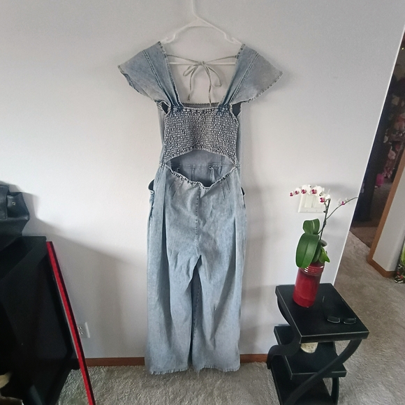 Jade By Jane Denim Jumpsuit XL Wide Leg Open Back Boho Cottagecore - Picture 5 of 13